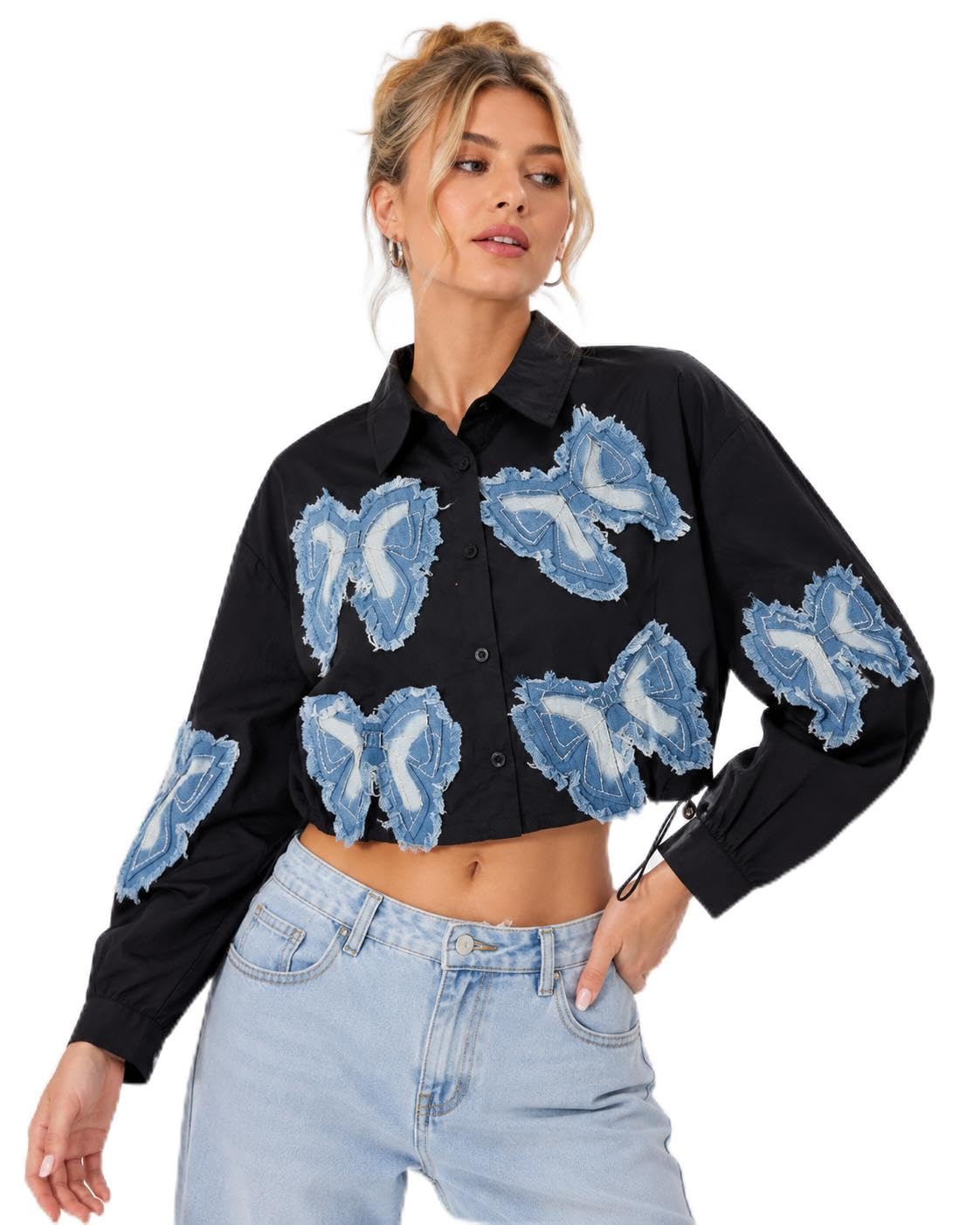 Women's Black Cotton Cropped Button-Down Shirt | Frayed Denim Bow Patch Applique with Thread Work | Long Sleeve Drawstring Hem Blouse-image-42