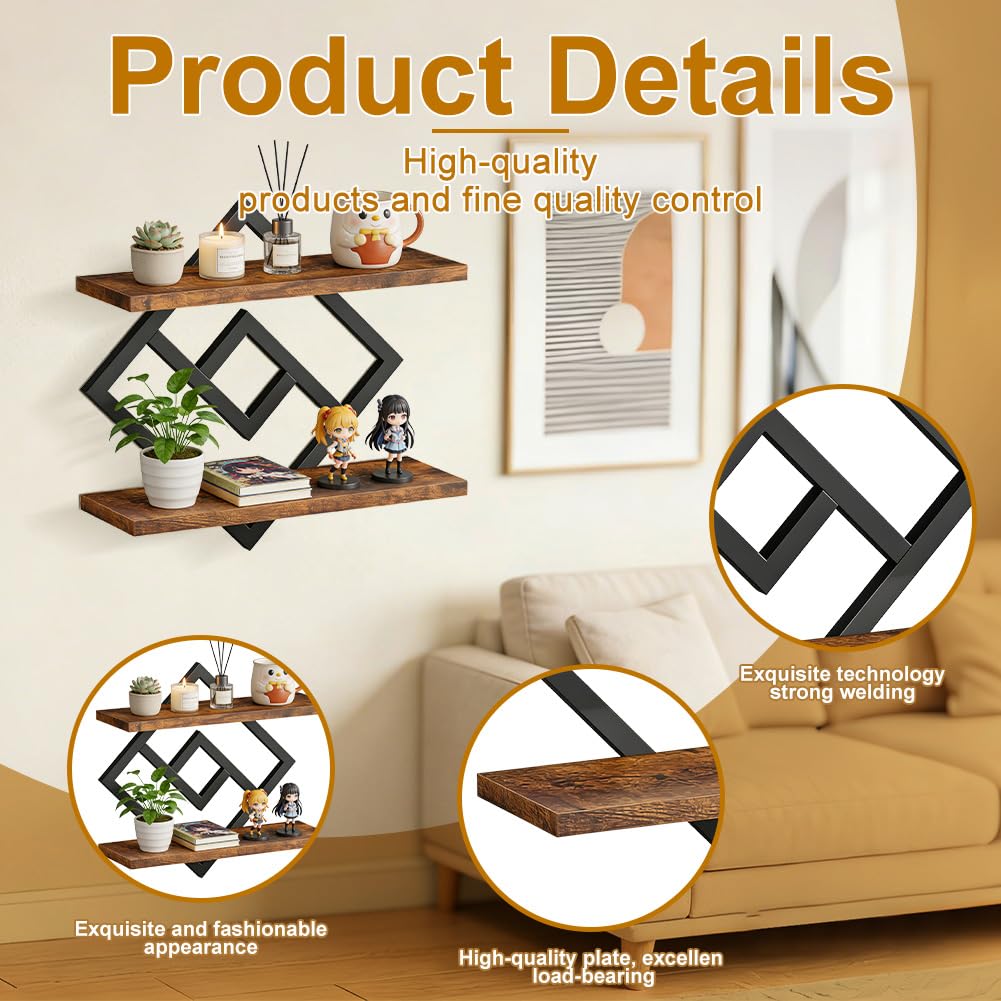 Wandboard Set, Wandregal 2er Set Schweberegal Hängeregal, Holz & Metall Kombination, Dekoregal für Wohnzimmer Schlafzimmer Küche Büro, Rustikales Braun & Schwarz (2, Viereck)