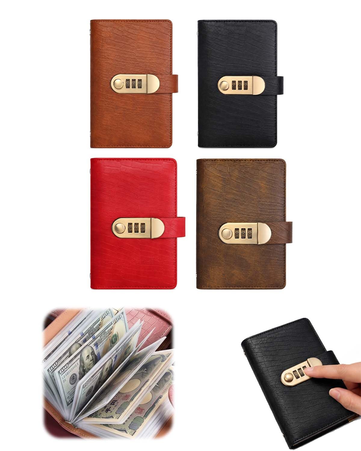 Savings Book with Lock Cash Organizer Budgeting，Black+Red+Brown+Dark Brown