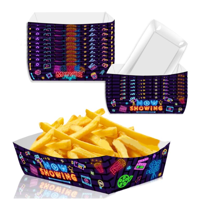 Dusenly 24pcs Neon Glow Party Supplies Movie Night Paper Snack Trays Movie Theater Snack Boxes Paper Food Trays for Family Movie Party Neon Decorations