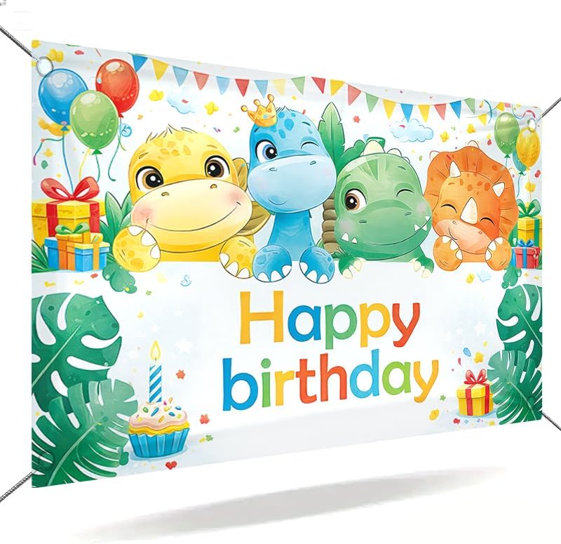 Happy Birthday Dinosaur Theme Banner (71x43 Inches), Large Party Backdrop for Yard Fence Patio Decoration, Four Cute Dinosaurs Outdoor Backdrop