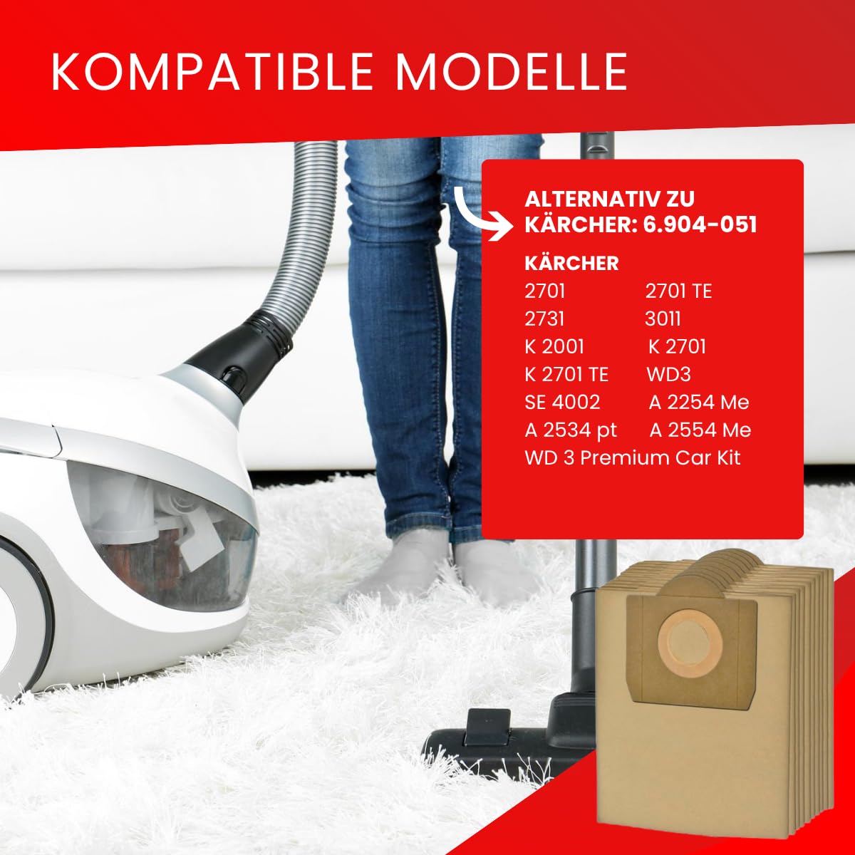 5 Sacchetti Carta Per Aspirapolvere Compatibili Kärcher – Modelli A 2700, 2799, K 2701, K 2731 TE, Sostituiscono 6.904-263 - 2