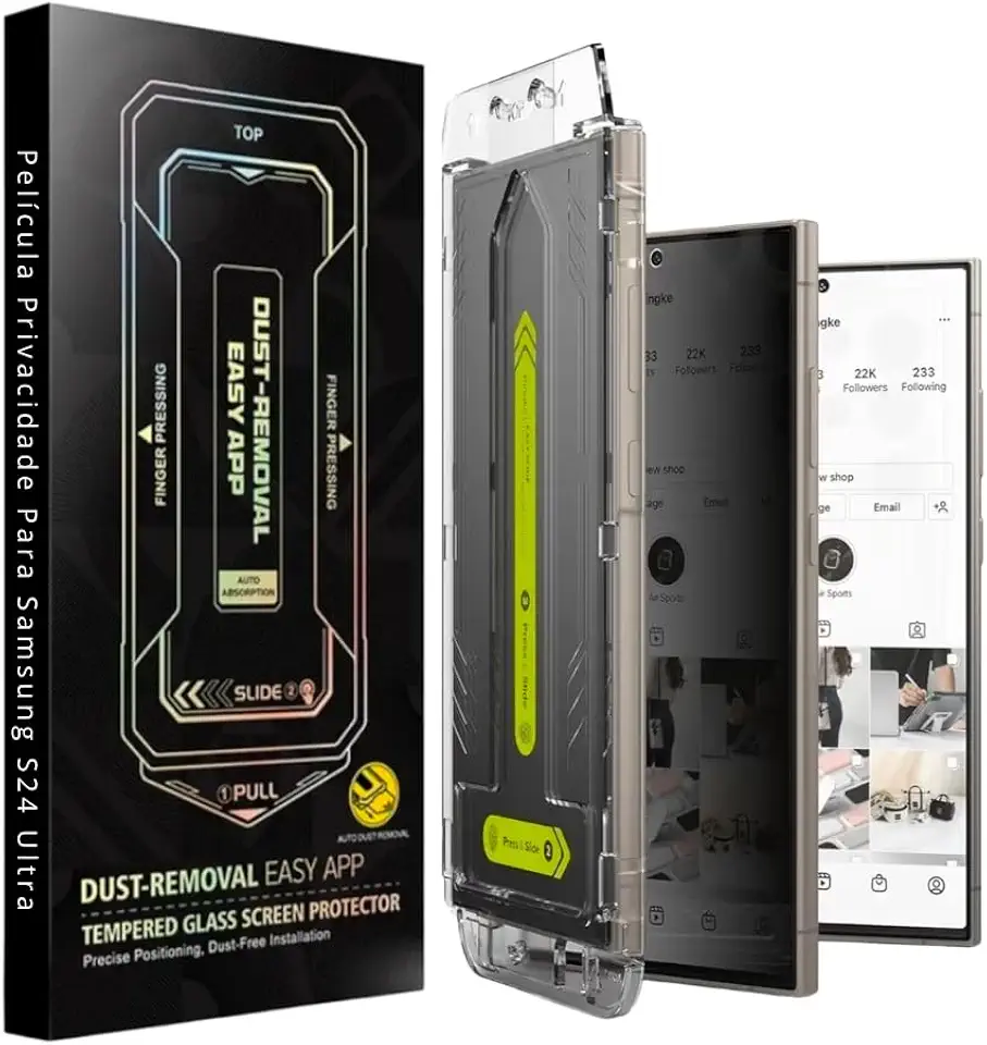Película de Vidro Privacidade para Samsung S24 Ultra, Proteção 9H, Ângulo de Visão 28°, Aplicador Automático, Anti-Risco