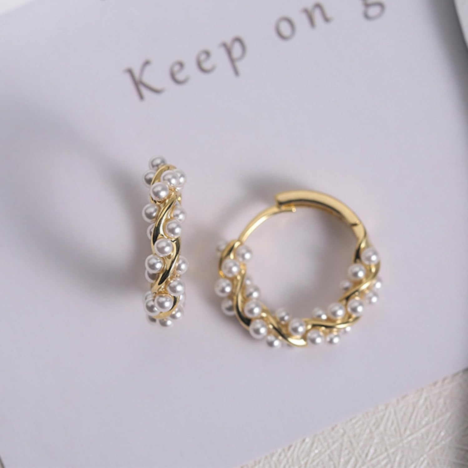 Pearl Chunky Hoop Earrings Sterling Silver Pearl Twisted Huggie Earrings for Women, Dainty Pearls Dangle Earrings Trendy Jewelry Gift - Image 3