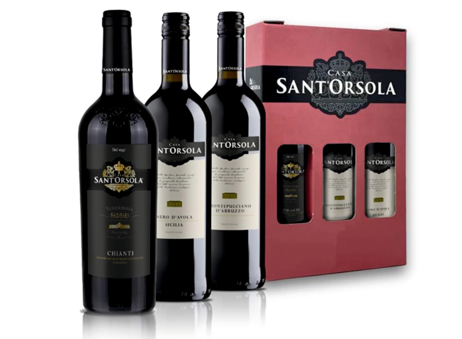 Sant'Orsola Chianti D.O.C.G. + Montepulciano D.O.C. d'Abruzzo + Nero d'Avola D.O.C. Italien Rotwein Geschenkbox (3 x 0.75 l)