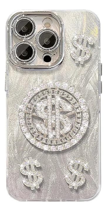 Image of COVERLY Cute 3D Dollar Rotation Spinner Case,Full Protective Case Kawaii Adorable Lens Glitter Diamond Silver Dream Casino Money Case Soft Silicone Fashion Aesthetic Cover for Apple iPhone 15