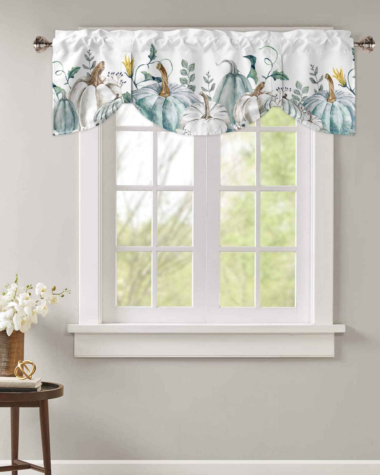 Fall Thanksgiving Tie Up Valance Curtains for Living Room, Pumpkin Valances for Kitchen Windows, Teal Rod Pocket Window Valance Adjustable Window Treatment for Bathroom Bedroom 42