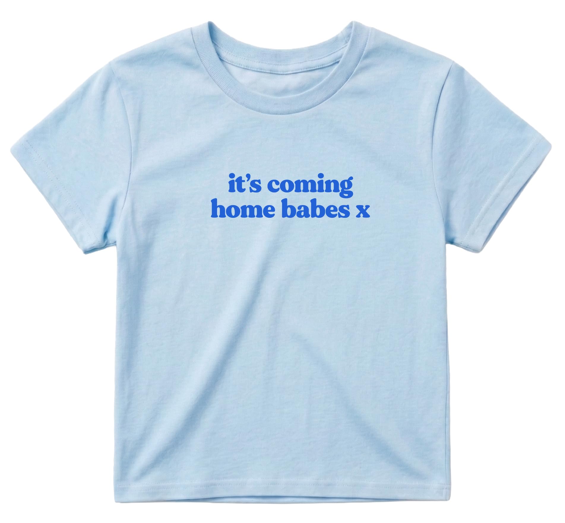 Sanfran Clothing It's Coming Home Babes x Baby Tee T-Shirt Top World Football Shirt England Scotland Country Team 2026 Soccer Womens Flag Varsity Shirt Light Blue (Blue Text) - Large