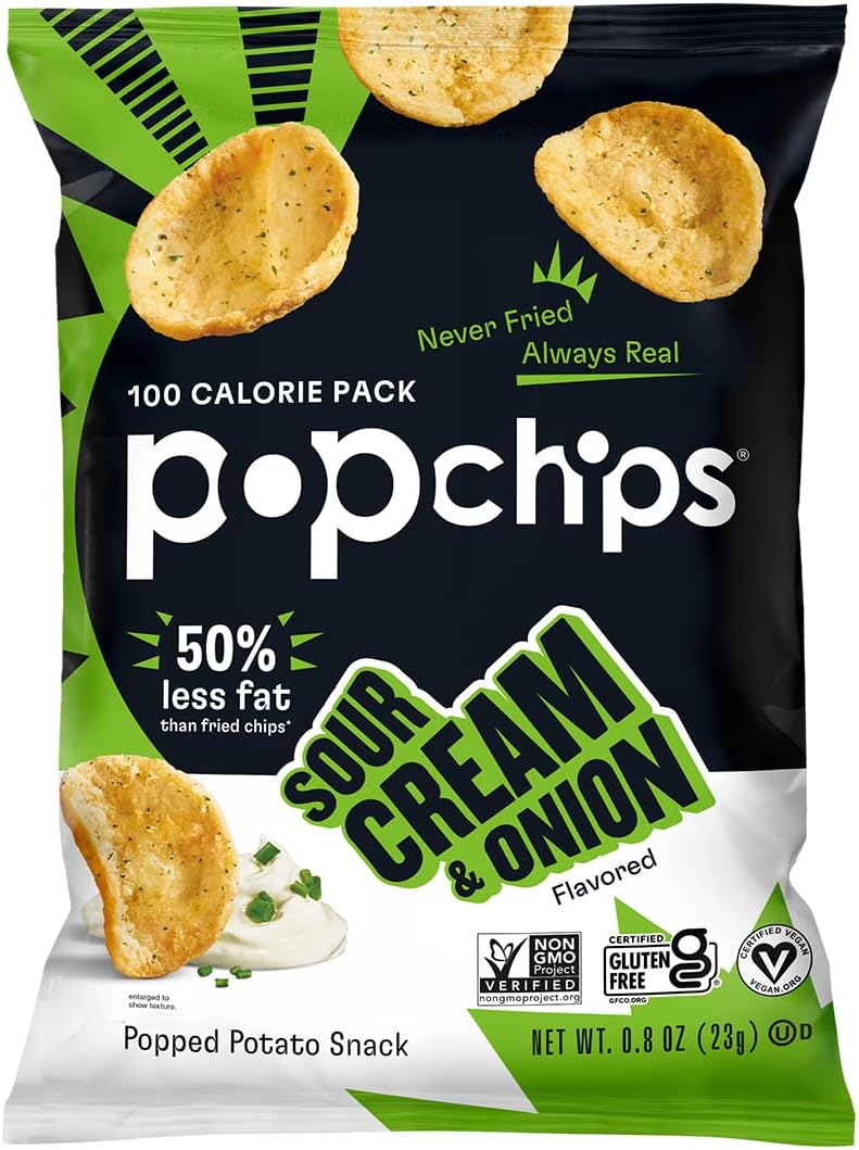 Popchips Potato Chips, Sour Cream & Onion, 12ct Single Serve 0.8oz Bags, Low-Calorie and Gluten Free, Salty Snacks for Adults and Children, Kosher Snack, 100 Calories Per Bag
