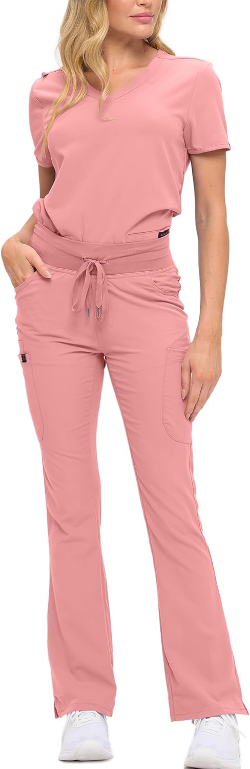 Women’s Soft Stretch Scrub Set With Nine Pockets– V-Neck Top & High-Waisted Bootcut...