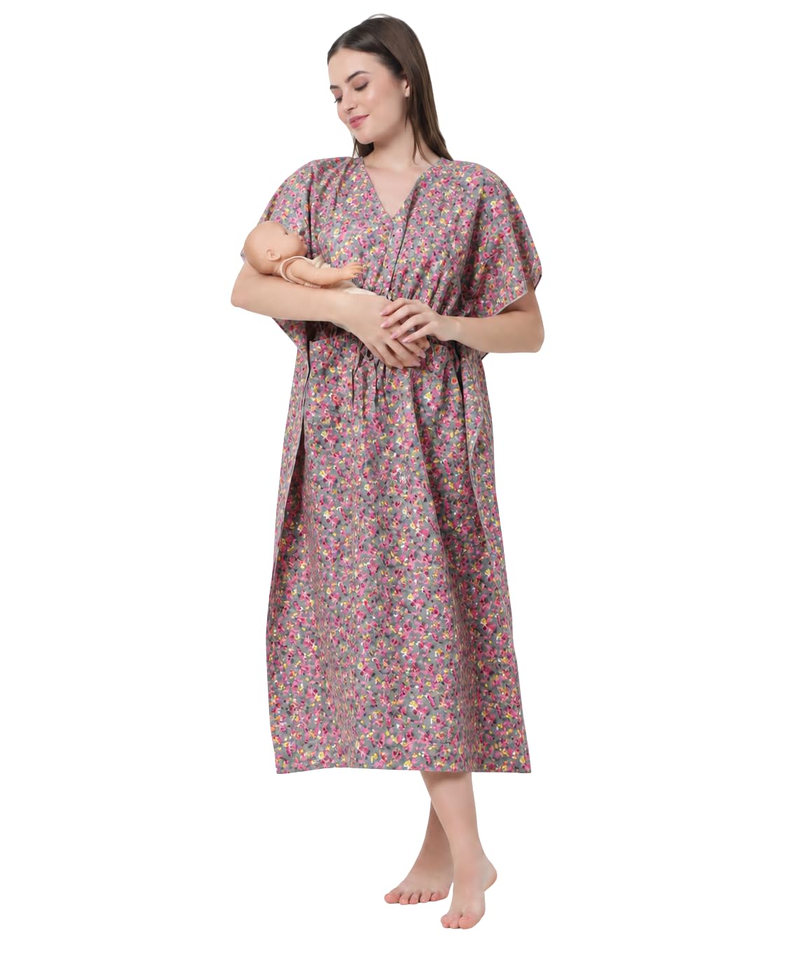 Women's- Kaftan | Maxi | Maternity | Feeding | Delivery Gown- Cotton Fabric- V Neck | Floral Print | 2 Pockets | Midi-image-48