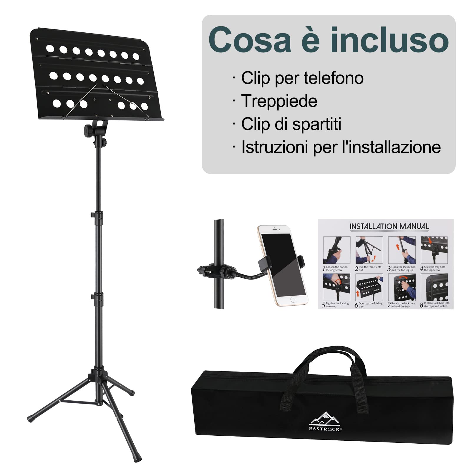 EASTROCK Leggio Musicale Pieghevole per Leggio spartiti,Portatile Professionale Leggio Spartiti Musicali,Supporto Musicale da regolabile 2in1,Adatto Principianti,Adulti e Artisti Professionisti(Nero)