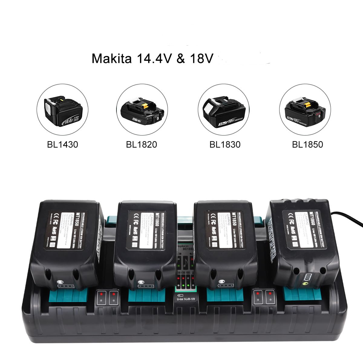 4-Port 18V Lithium-Ionen Ladegerät DC18SF für Makita 14.4V-18V Lithium Akku BL1830 BL1840 BL1850 BL1860 BL1815 BL1430, für Makita DC18SF DC18RC DC18RD DC18RA Schnellladegerät