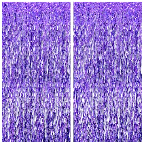 Image of 2 Pack Wavy Purple Fringe Backdrop - 3.2x6.5 Feet | Purple Foil Fringe Curtains for Mermaid Birthday Decorations | Fringe Backdrop for Baby Shower | Unicorn, Mermaid Party Decoration, KatchOn
