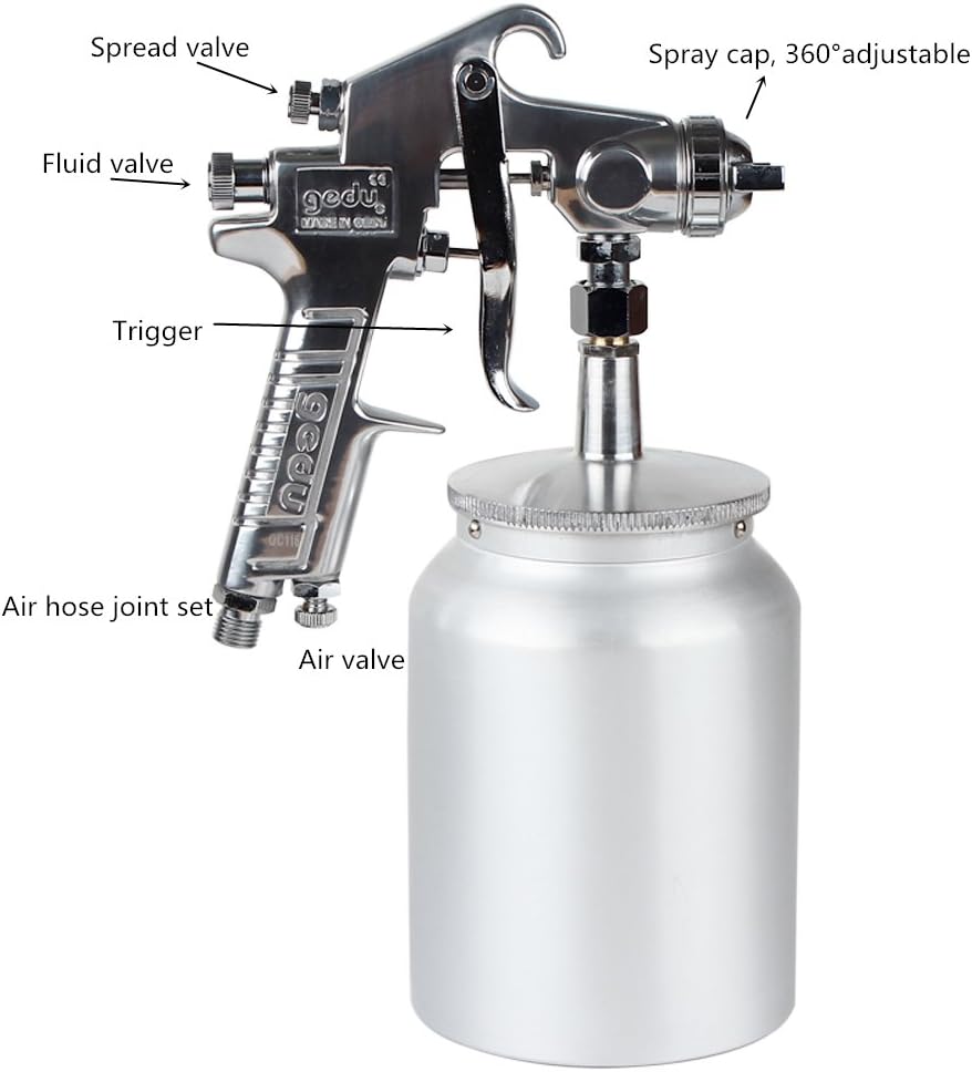 High Pressure Spray Gun with 1000cc Cup, 2.5mm Nozzle, Sliver