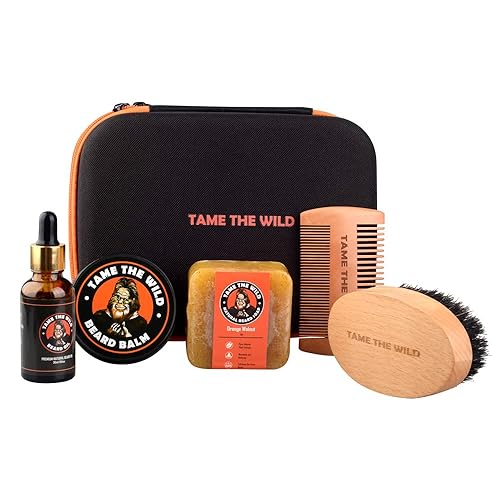 Tame the Wild's - Kit de aseo de barba premium para hombres - Kit de crecimiento natural de barba - Incluye lavado de barba de nogal naranja,
