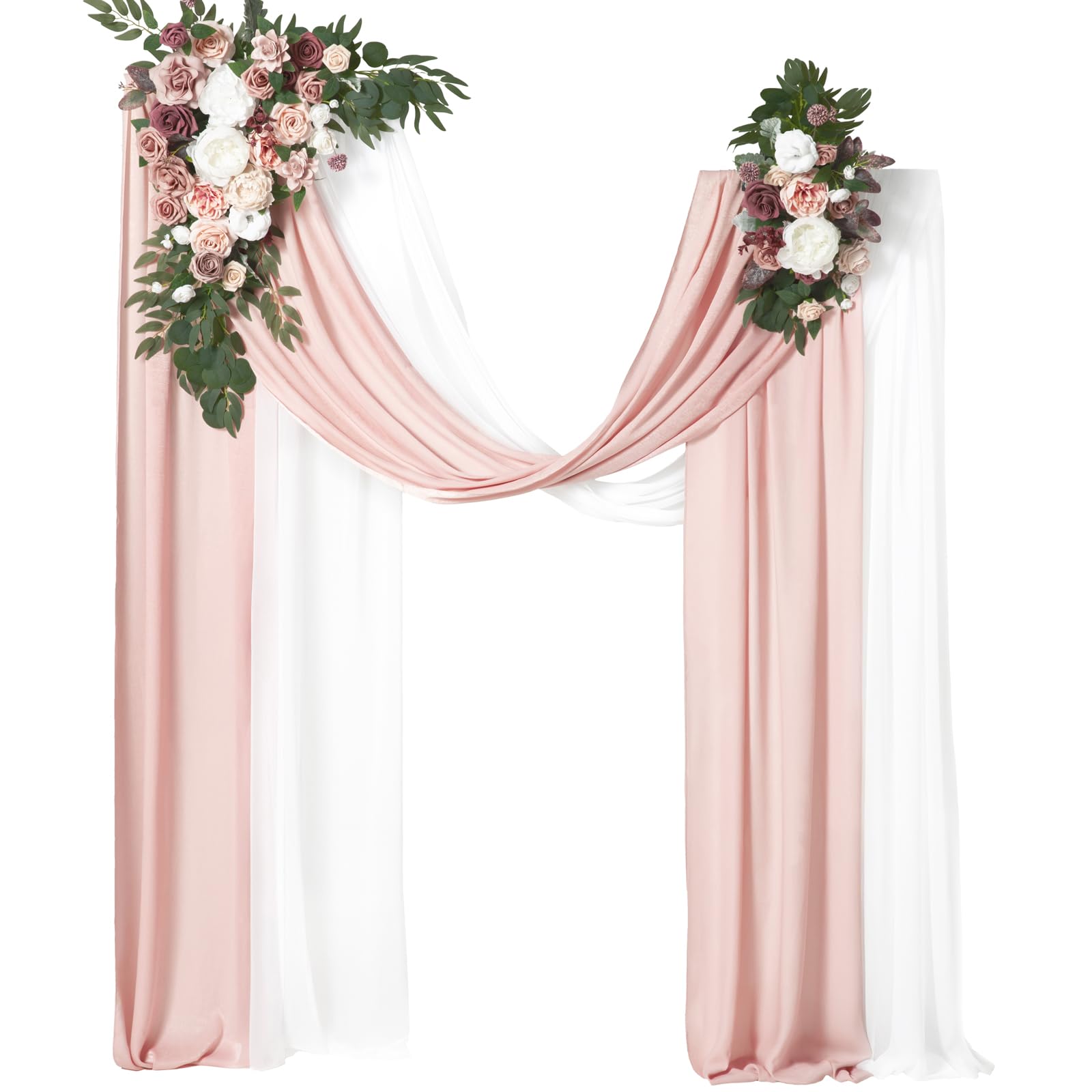 Ling's moment Pink Mauve Artificial Wedding Arch Flowers Kit Pack of 4, 2pcs Hanging Flower Arrangement 2pcs Chiffon Drapes Spring Ceremony Reception