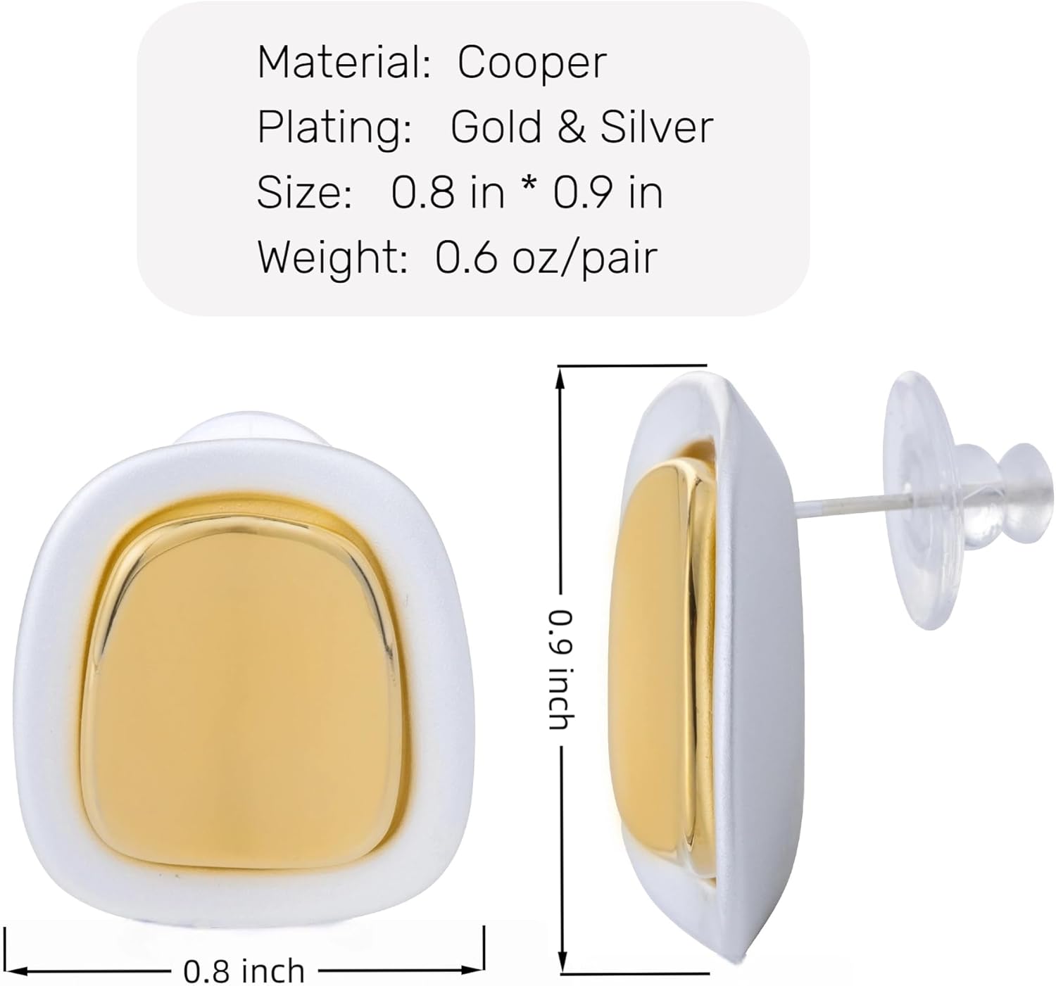 2-Tone Gold & Silver Square Stud Earrings for Women, Minimalist Chunky Geometric Earrings with 925 Sterling Silver Posts, Hypoallergenic Fashion Jewelry Gift - Image 4