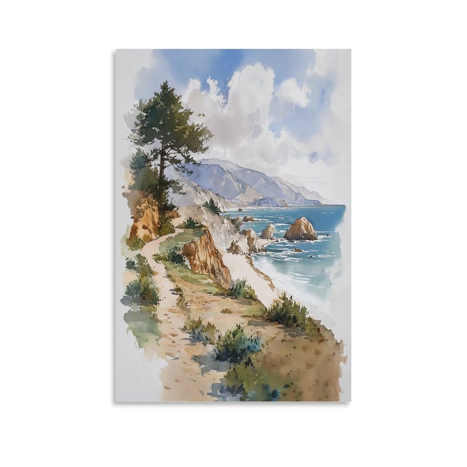 XWYMXZ Pebble Beach Watercolor Coastal 24x36inch(60x90cm) Vintage Travel Poster Watercolor Canvas Art