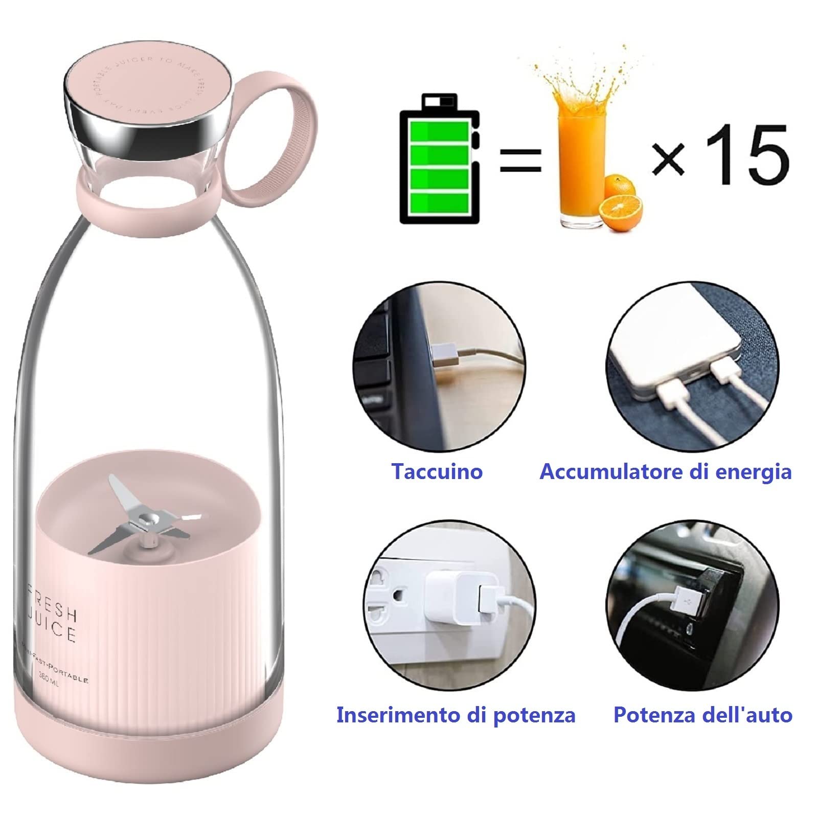 Frullatore Portatile H.Koenig SMOO10 - 300W, 570ml, 2 Bottiglie, Lame Acciaio Inox, Senza BPA, Colore Corallo