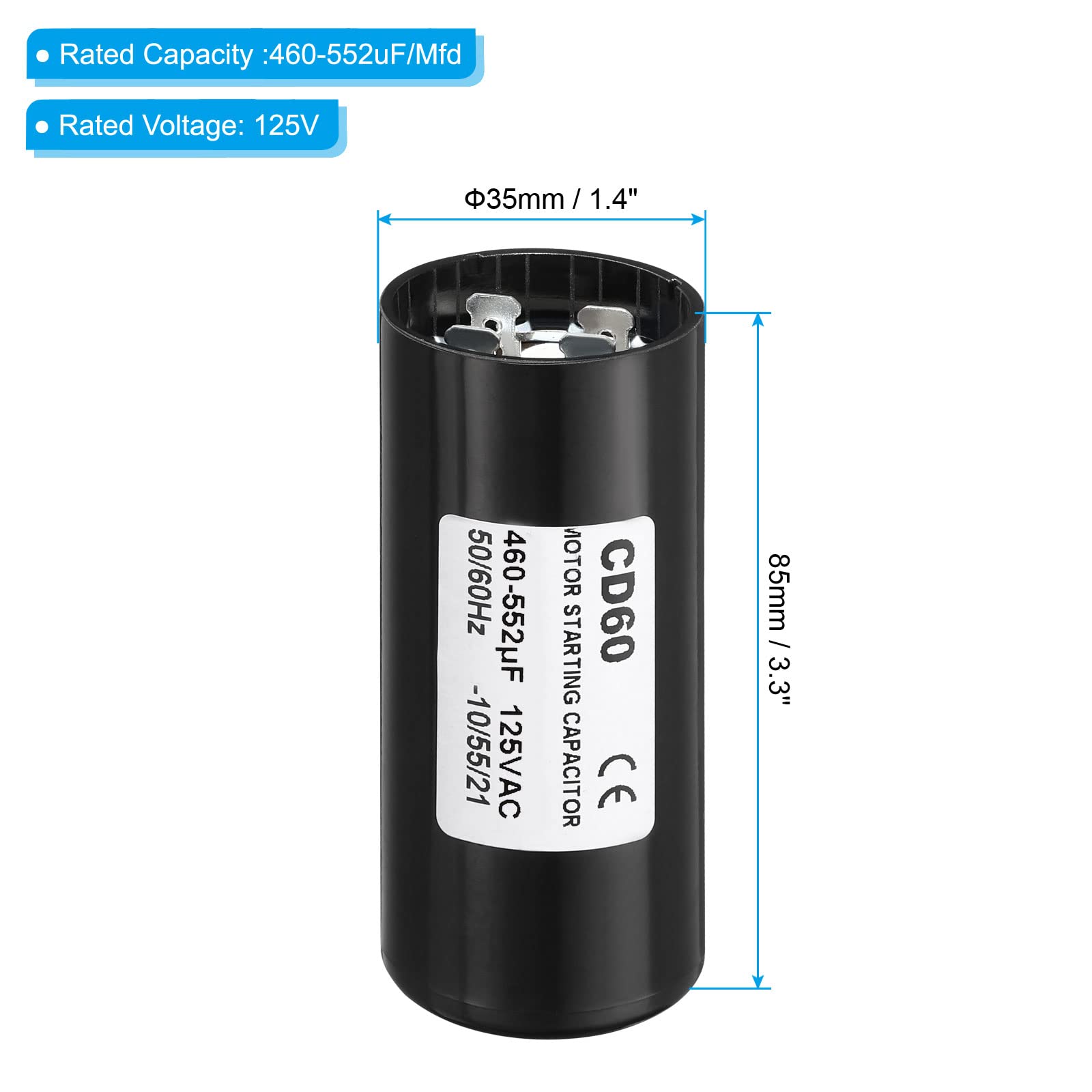 PATIKIL Condensatore Avvio Motore 460-552uF/Mfd 125V 50/60Hz CD60 Condensatore Marcia Condensatore Avviamento Motore per Avviamento Motore Elettrico
