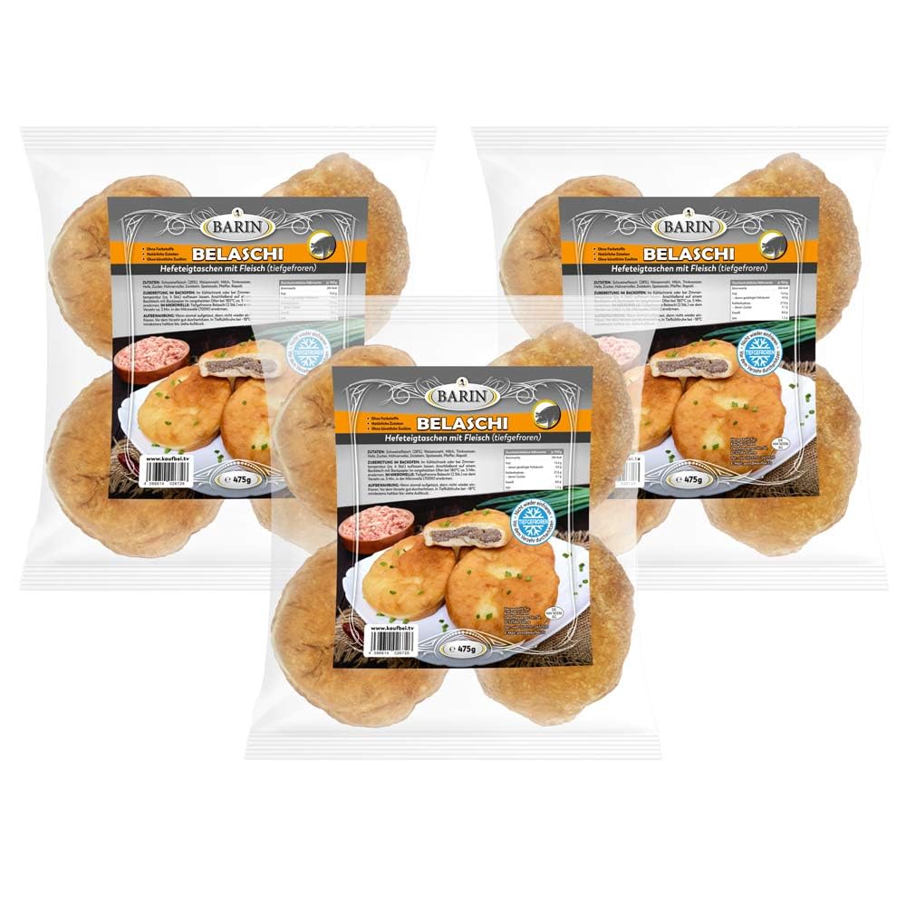 BARIN Set 3x BELASCHI Hefeteigtaschen mit Fleisch 1425g Tiefgefroren Handgefertigte Teigtaschen Goldbraun Gebraten mit Zartem Schweinehackfleisch und Zwiebeln in Knusprigem Teig Schnelle Zubereitung