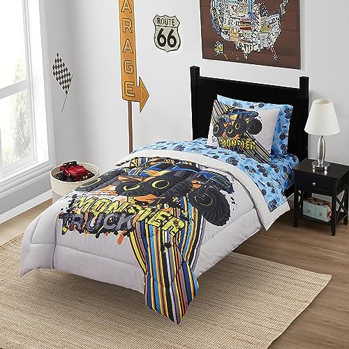 Image of Kids Bedding Set Bed in a Bag for Boys and Girls Toddlers Printed Sheet Set and Comforter, Twin, Monster Truck