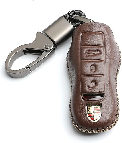 WFMJ Cuero para Porsche Cayenne Macan Cayman Boxster Panamera Carrera Remote 3 Botones Llavero Funda Cadena (Marrón)