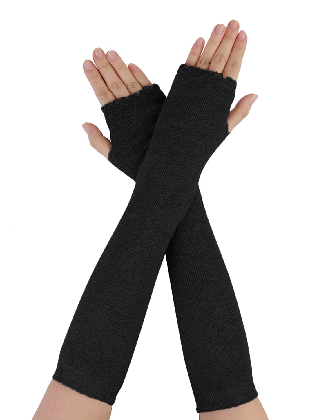 Sourcing Map Women's Black Elbow Length Stretchy Thumbhole Arm Warmer Ruffles Fingerless Long Gloves Long