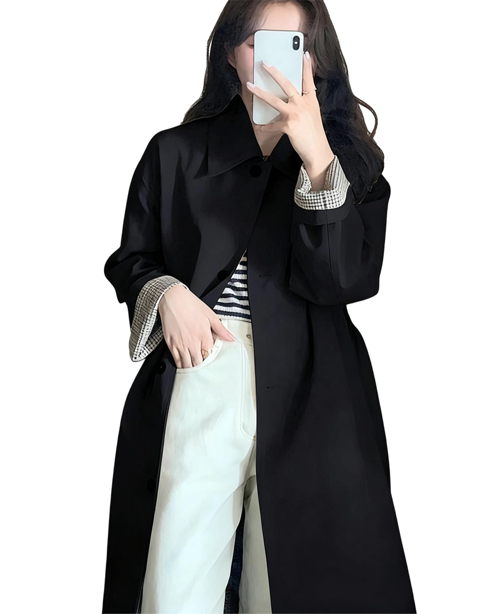 ｋａｙｉｙａｓｕ Kayiyasu Women's Autumn Trench Coat, Spliced Design, Mid-Length, Plain, Work, Spring, Thin, Windproof, Lightweight, Large Size, Outerwear, Casual, Office, Formal, Simple, S-2XL-picture-17