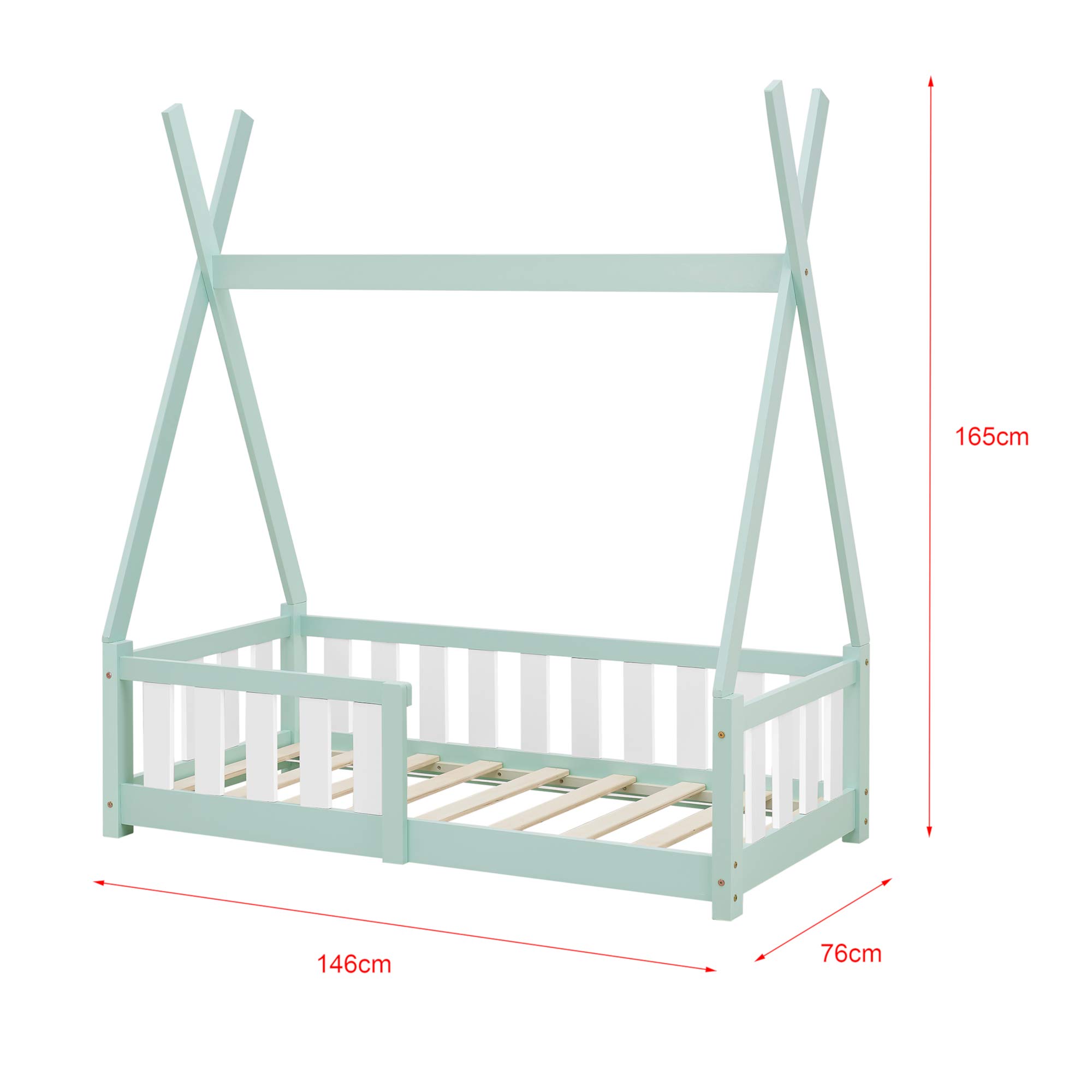 [en.casa] Kinderbett Helsingborg 70 x 140 cm mit Rausfallschutz Lattenrost Tipi Zelt Jugendbett Bettgestell Kiefernholz Holzbett für Kinder Mintgrün
