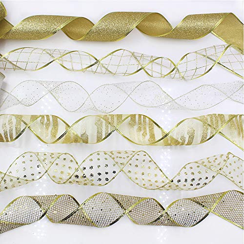 Gold Christmas Ribbon,Wired Organza Swirl Sheer Glitter Tulle Crafts Gift Wrapping Ribbon Xmas Design Decorations, 2.5 inch, 36 Yards (6 Roll x 6 yd)
