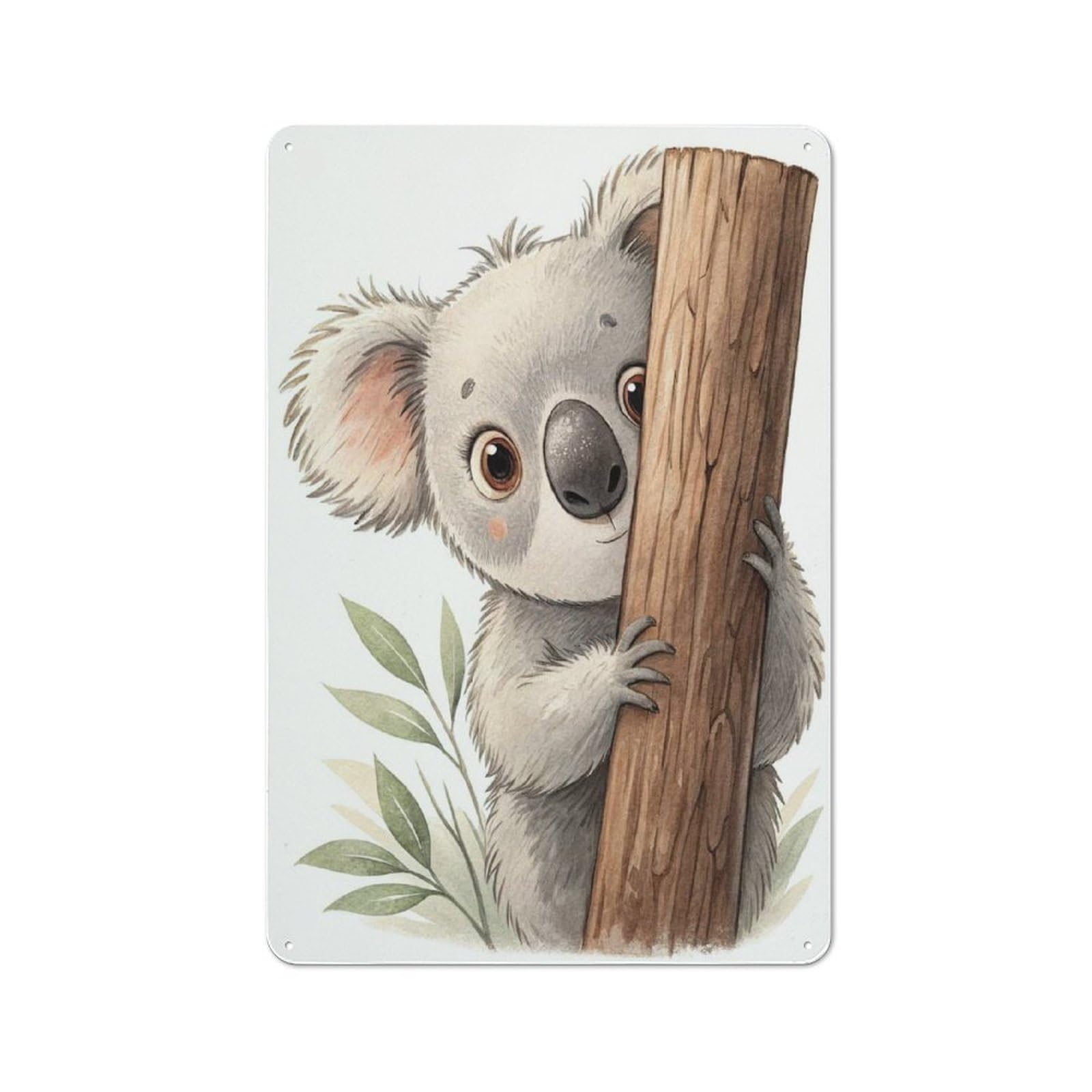 Junmoney Style-11 Cute Koala Peeking From Behind A Tree Workshop Style Metal Wall Decor 30X20cm, Garage Metal Sign For Workshop, Basement, Shed Or Games Room