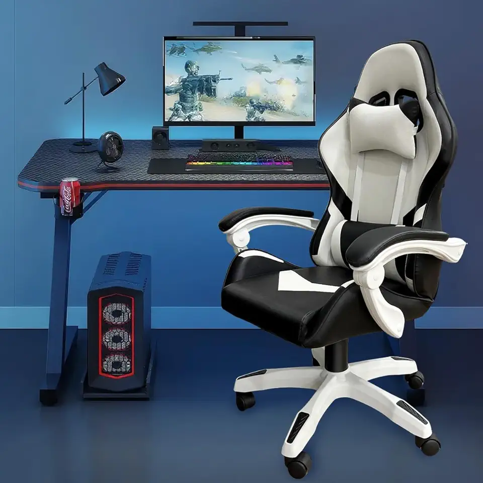 Cadeira Gamer Ergonômica com Ajuste de Altura, Apoio para Cabeça, Reclinação 90°-150° e Rodas 360° - Suporta até 120KG