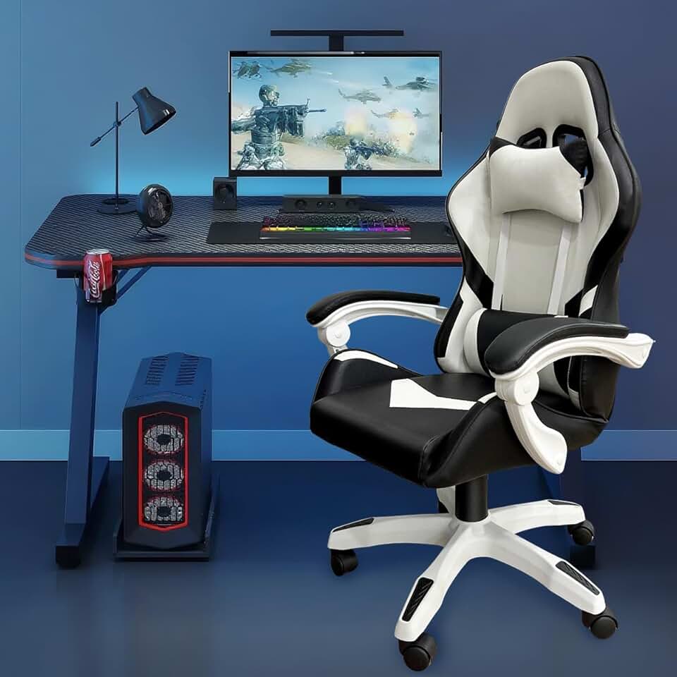 Cadeira Gamer Ergonômica com Ajuste de Altura, Apoio para Cabeça, Reclinação 90°-150° e Rodas 360° - Suporta até 200KG
