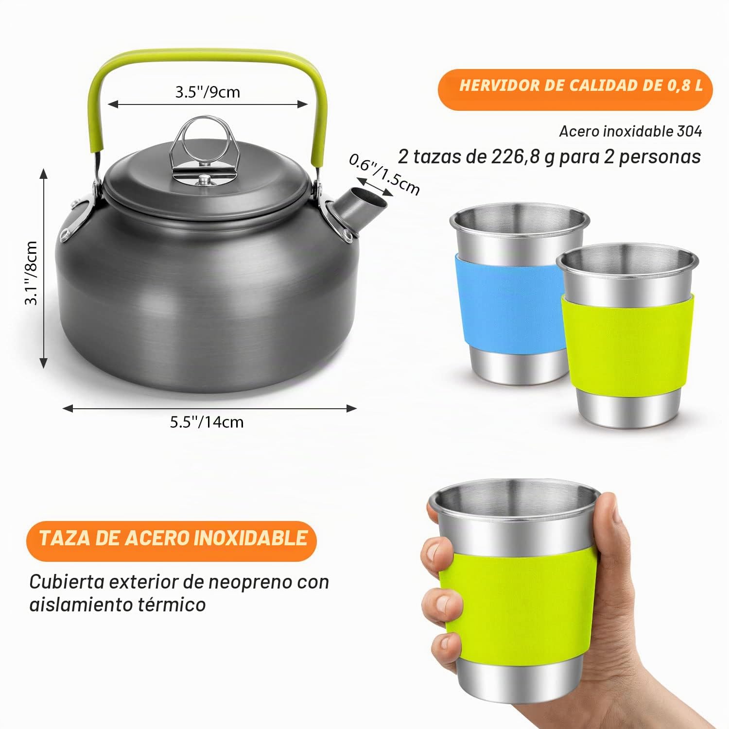 Odoland Kit de utensilios de cocina de camping con estufa plegable para 2 personas, juego de ollas antiadherentes con tazas de acero inoxidable, platos, tenedores, cuchillos, cucharas para cocinar al aire libre y picnic