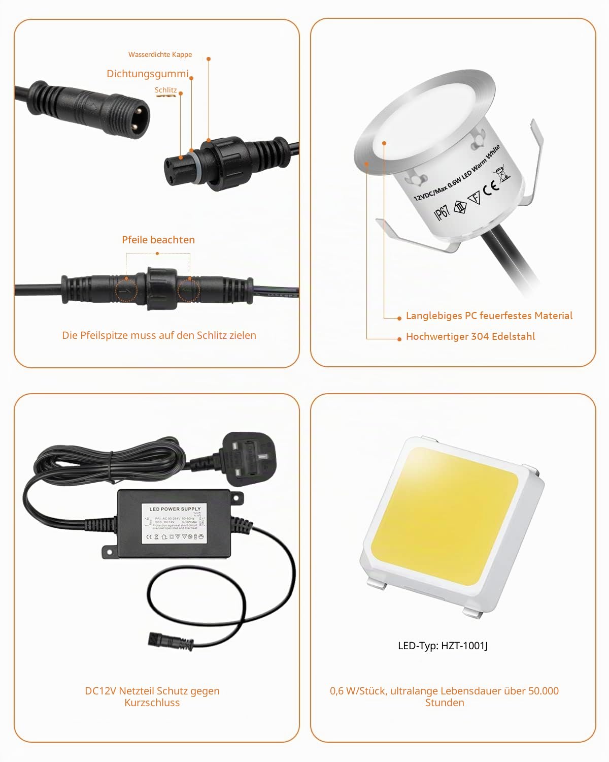 HIBOITEC 16er Set Terrassen Einbaustrahler LED Aussen, LED Einbaustrahler IP67 wasserdicht, 0.6W LEDs Bodeneinbauleuchten für Küche Garten Gehweg Holzbrücke kaltweiß