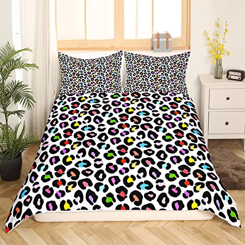 Erosebridal White Leopard Duvet Cover Full Rainbow Cheetah Print Bedding Set for Kids Girls Cute Kawaii Comforter Cover Woodland Animal Printed Bedding All-Season Quilt Cover (No Comforter)