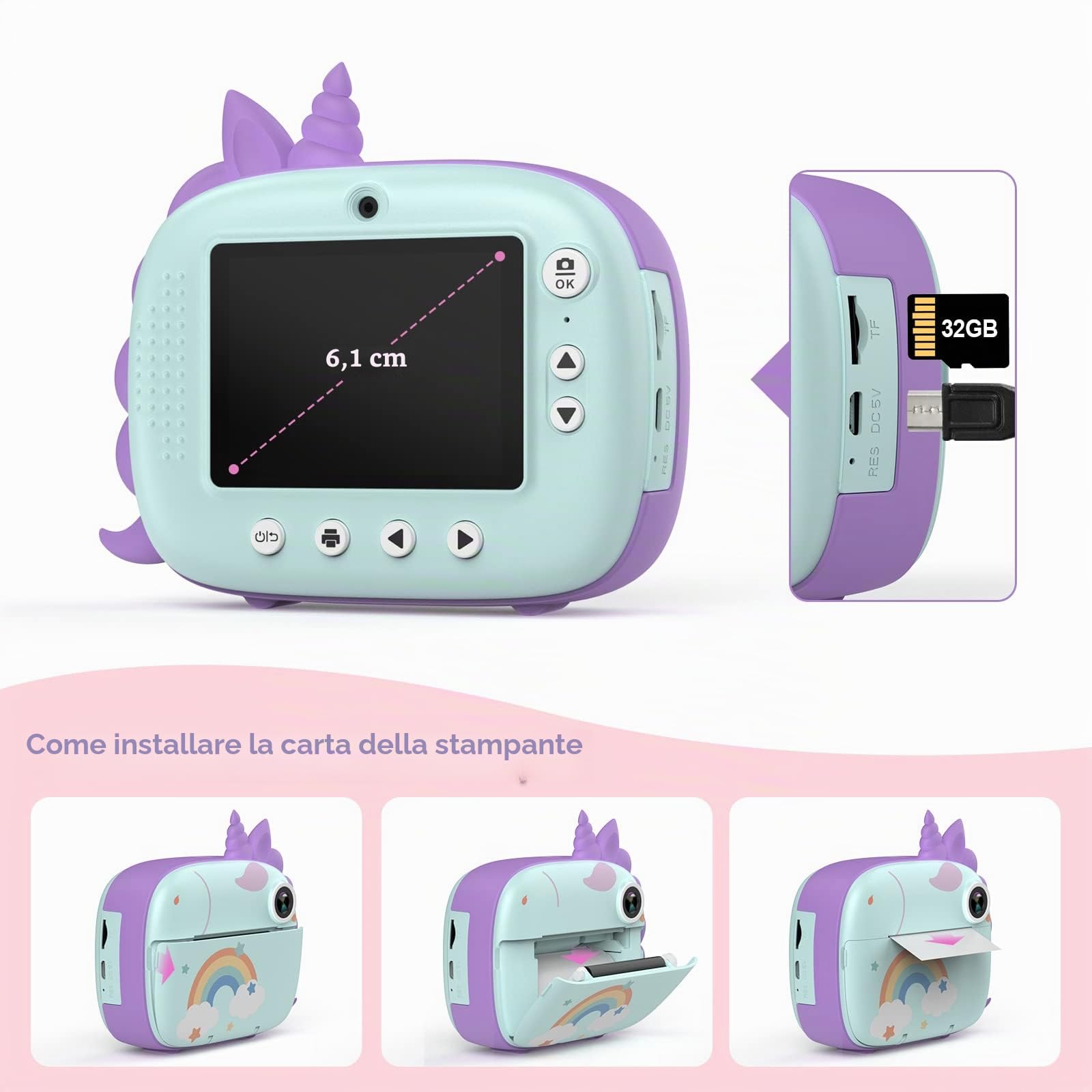 HiMont Fotocamera istantanea per bambini, fotocamera digitale con carta da stampa e scheda TF da 32 G, penne colorate e clip per foto fai da te, regalo per bambini dai 3 ai 14 anni (verde)
