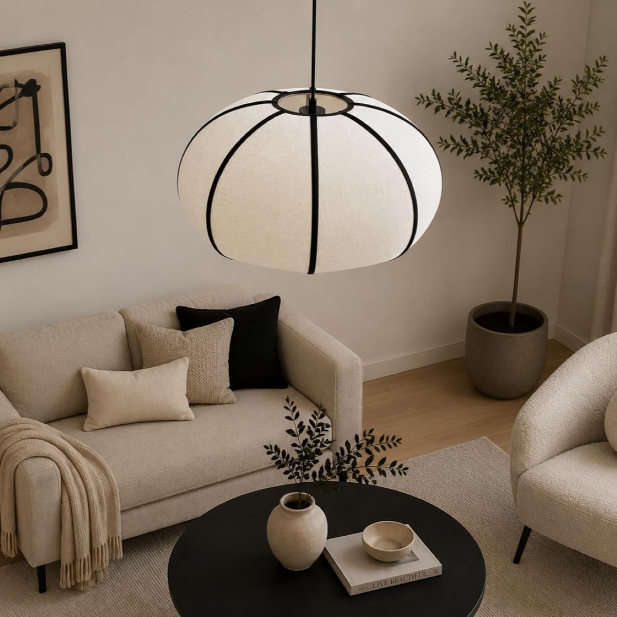 Cgc Lighting Libby Black Stitching Indoor Lamp Shade Linen Fabric Hanging Ceiling Floor Large Oatmeal Textured Finish (Libby Black Stitching)