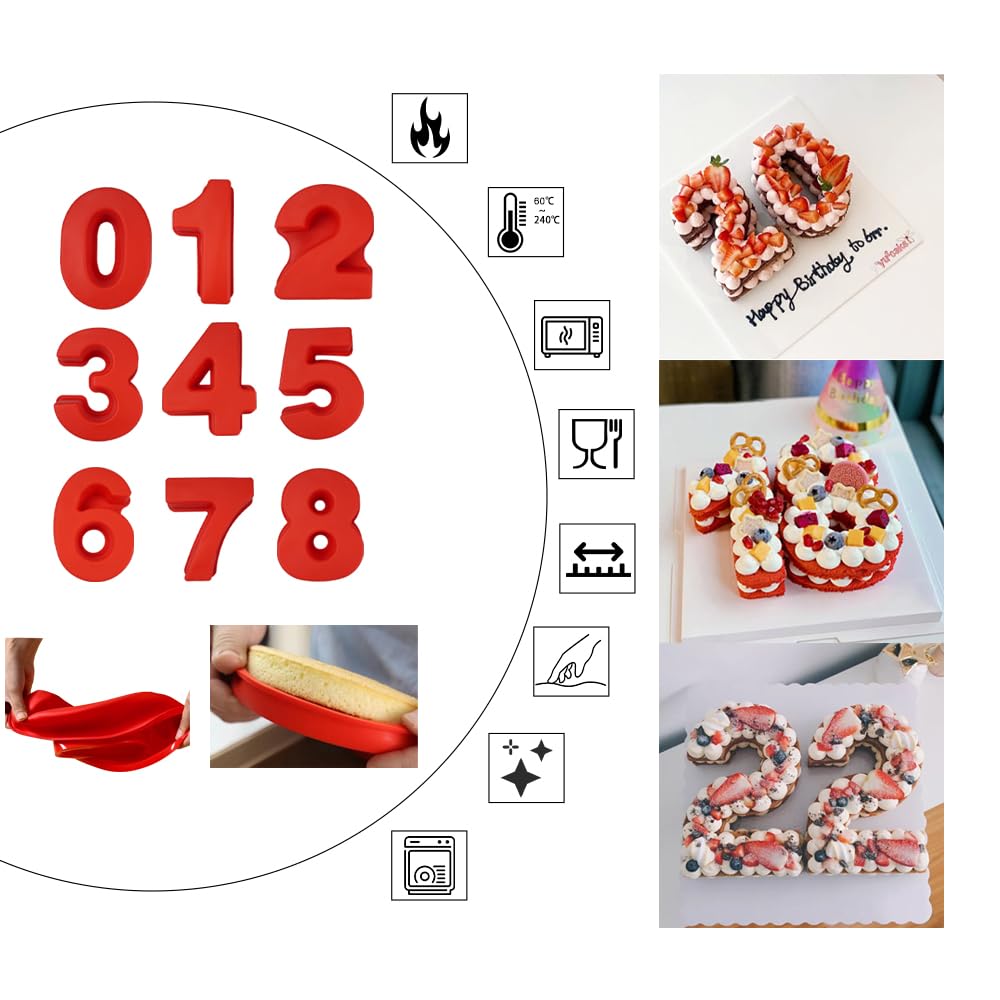 9 Pièces Moules à Gâteau 3D en Silicone 0-8 Number Cake Moule Rouge Moule à Gâteau Chiffre Moule Forme Grands pour Mariages Mariage Anniversaires Fêtes