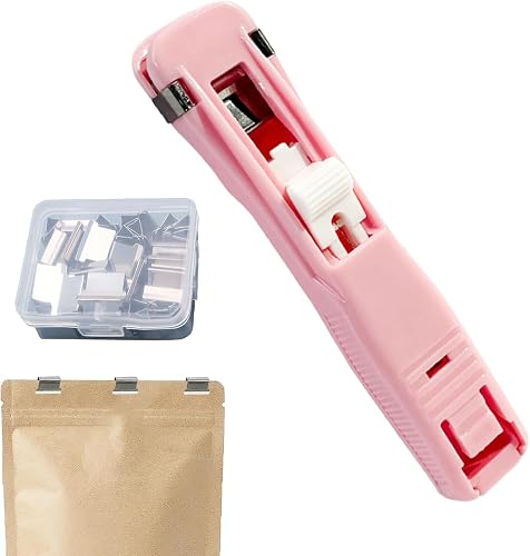 Binder Clip Stapler, Pink, 50 Sheets Capacity, Portable Reusable Desktop Fastener for Document Binding, Script Securing and Archiving