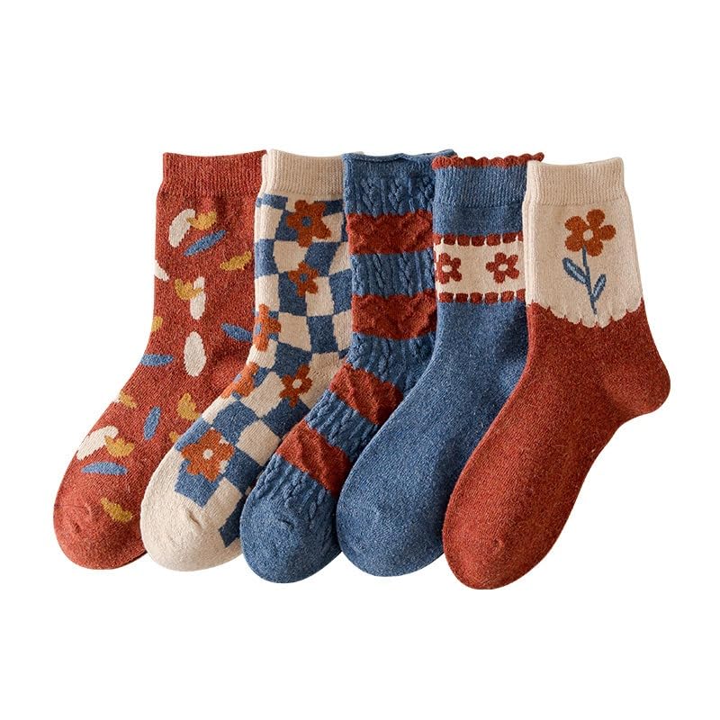 Image of Wool Socks for Women Thick Knit Vintage Cute Floral Crew Socks