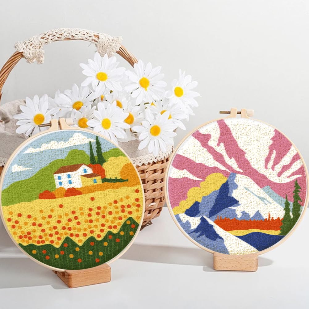 ORIGACH Kit de iniciación de bordado de paisaje de 4 piezas para principiantes, montaña, lago, desierto, paisaje rústico, kit de práctica de puntada que incluye paño de bordado, aros de bordado, hilos
