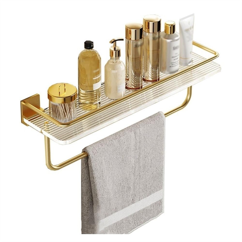 ZwXy2V Bathroom Shelf Shower Caddy Shelf with Towel Bar Wall-Mounted Acrylic with Gold Fence Shower Caddies 40cm