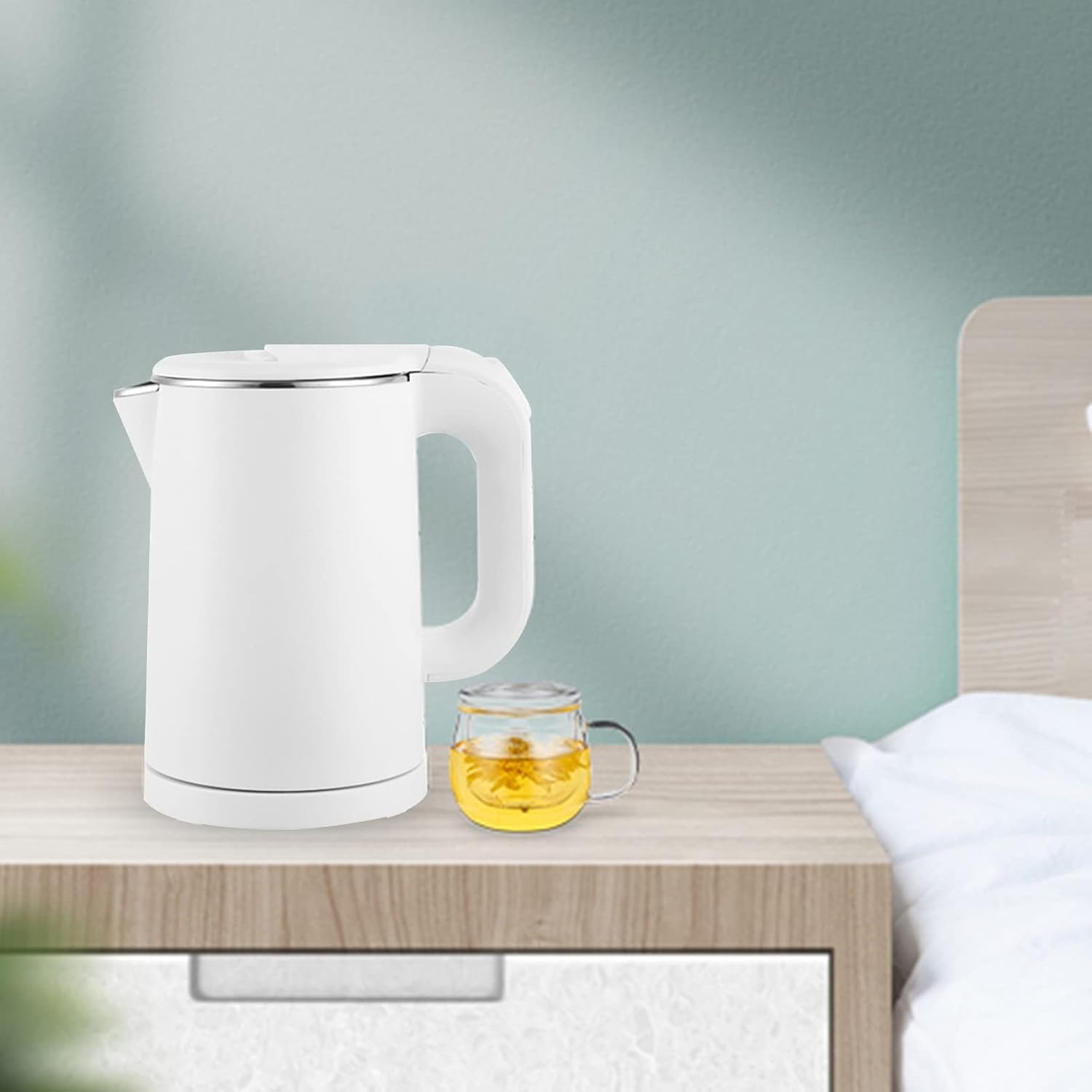 Hervidor eléctrico de ebullición silenciosa, Acero Inoxidable, 1000 W, ebullición rápida de 0,8 litros, Apagado automático, Tetera de café/Negro, Blanco