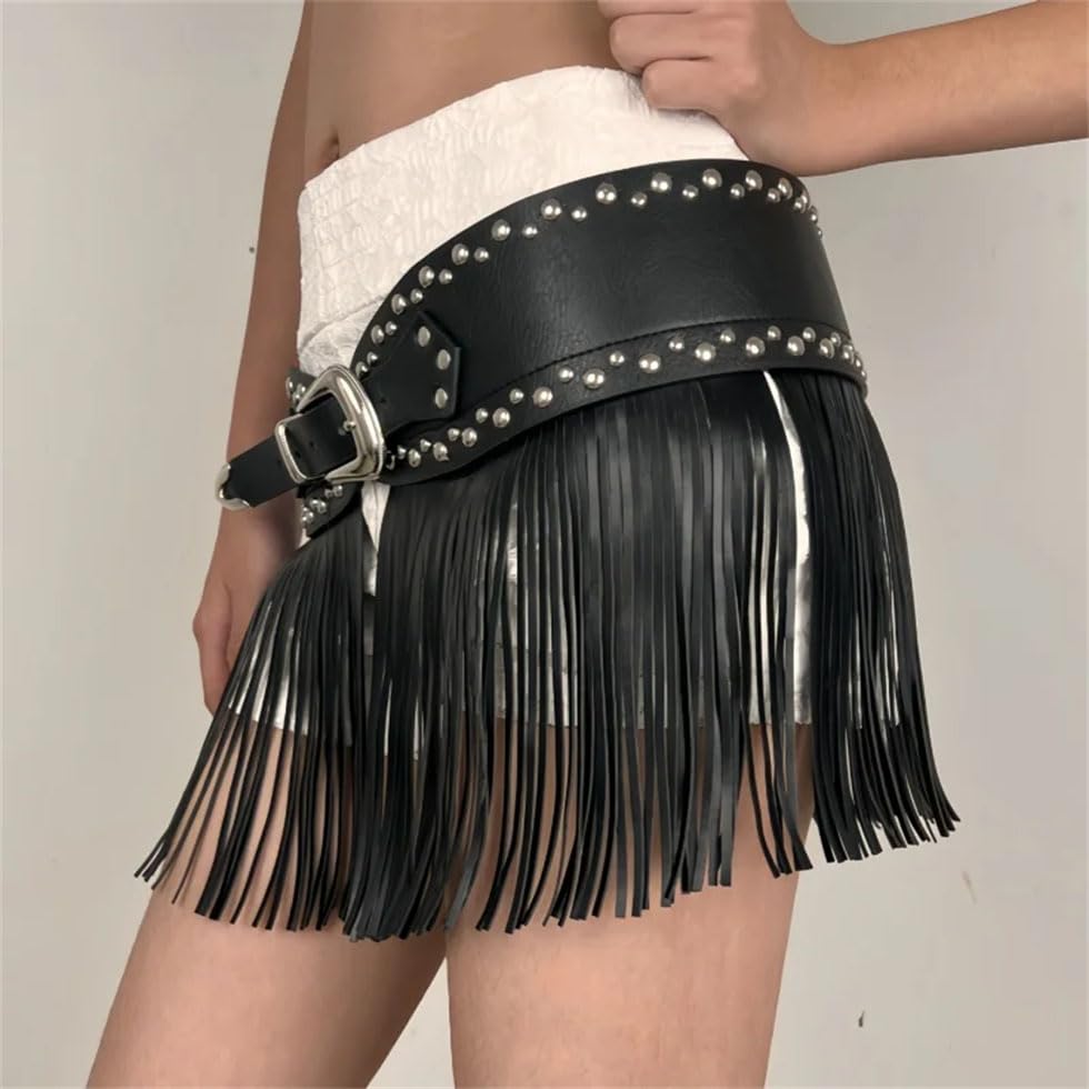 Pohullan Women Vintage Punk Style Tassel Patchwork Pu Leather Belts Harajuku Personality High Street Wide Belt4