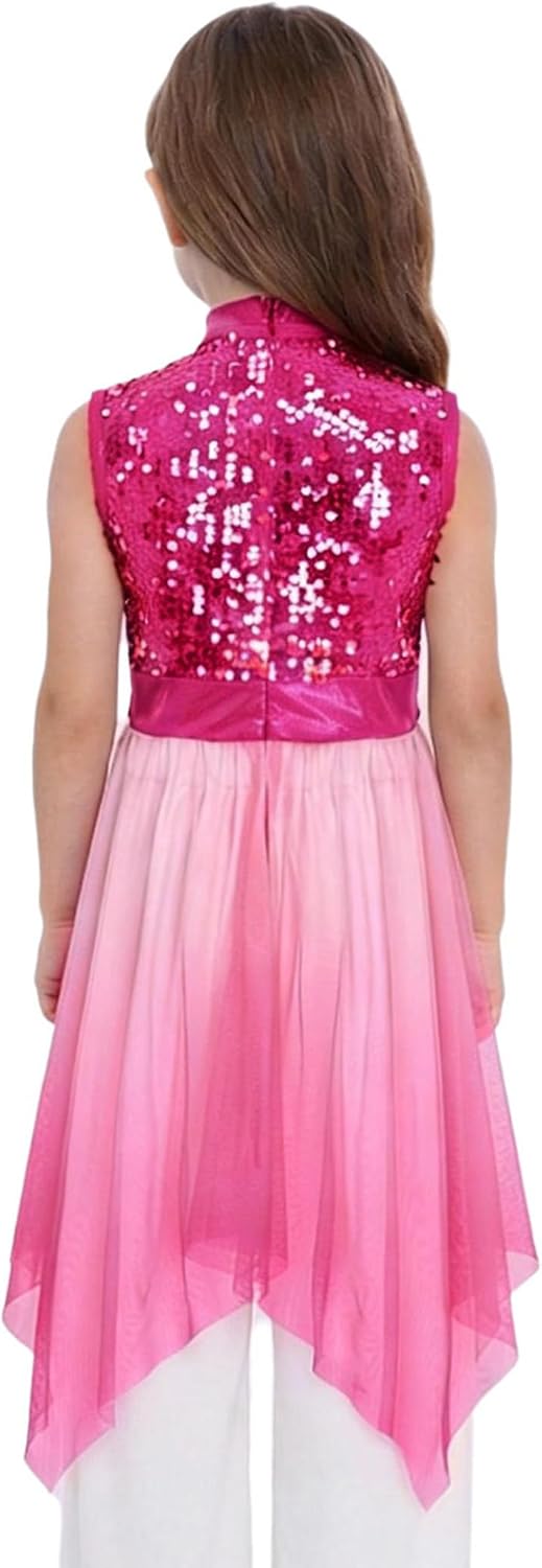 Jugaoge Kids Girls Sequins Gradient Liturgical Praise Dance Tunic Irregular Hem Church Worship Overlays Lyrical Dance Dress