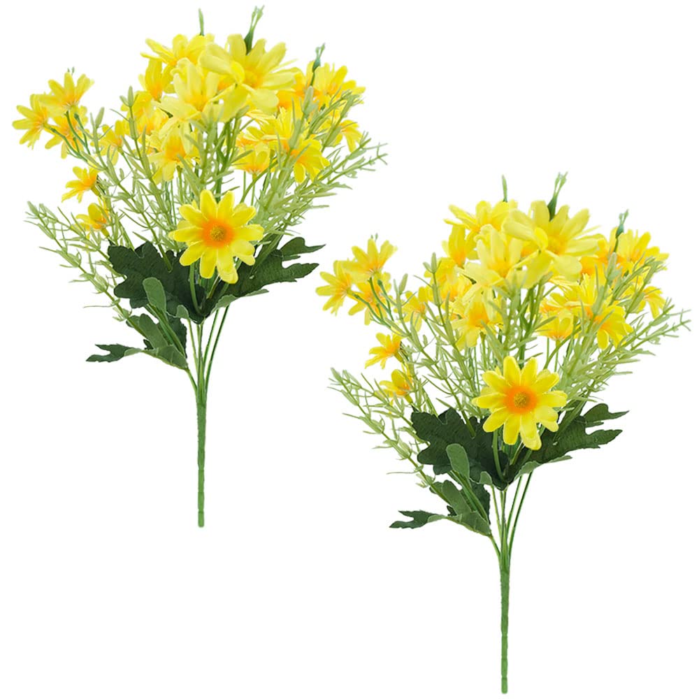 FAZHBARY 2 Bouquet Daisy Artificial Flowers Yellow Daisy Fake Faux Silk Flower Arrangements for Home Wedding Decoration