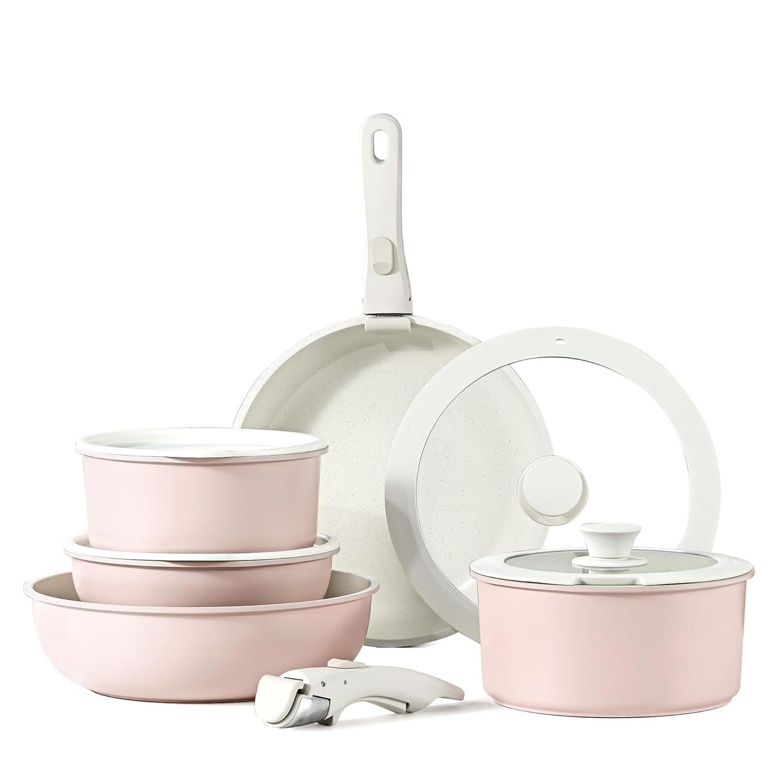 11-Częściowy Zestaw Garnków i Patelni z Odłączanym Uchem: Ceramiczne Naczynia Kuchenne do Indukcji, Gazu, Piekarnika i Zmywarki, PFAS-Free, Oszczędność Miejsca (Różowy)